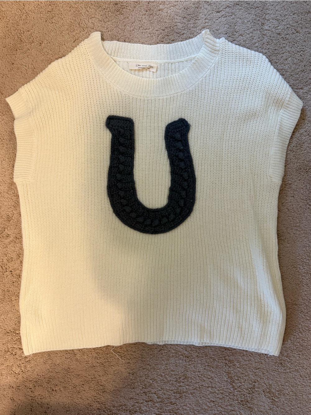 Cream Knit Cap Sleeve Sweater with Black Horseshoe Embroidery